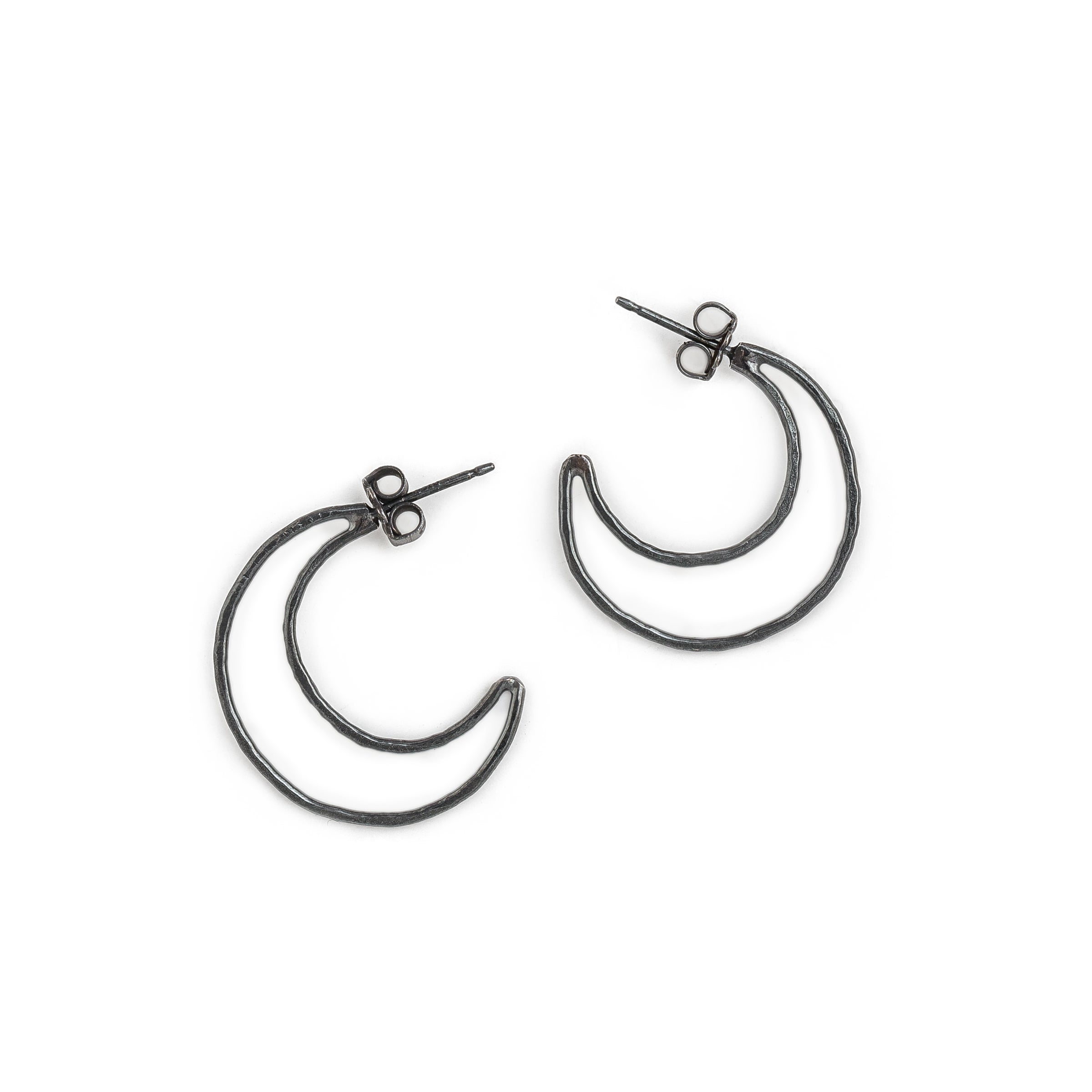 Lunar Crescent Hammered Shiny Silver Hoop Earrings